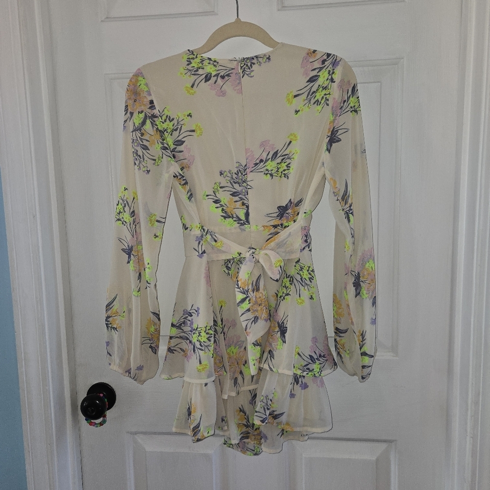Altar'd State Ivory Floral Long Sleeve V Neck Ruffle Romper - Picture 4 of 12